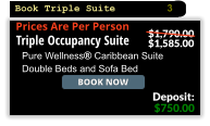 Book Now Triple Occupancy Suite Pure Wellness Caribbean Suite Double Beds and Sofa Bed $750.00 Deposit: $1,790.00 $1,585.00 Prices Are Per Person Book Triple Suite 3